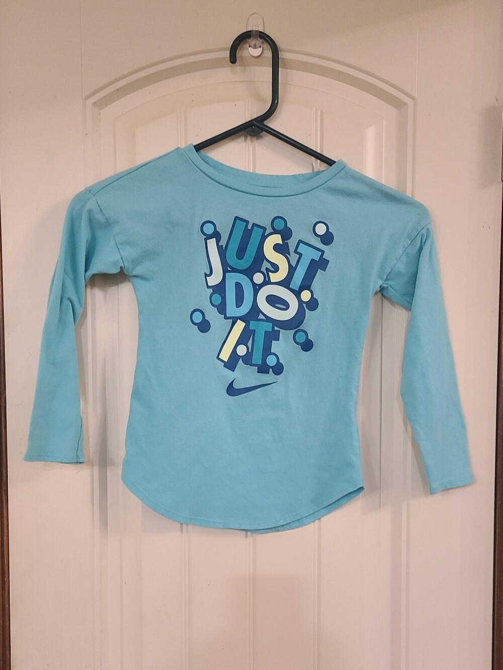 Nike Kids Light Aqua Long Sleeve Top with 'Just Do It' Graphic Size 6 (M)